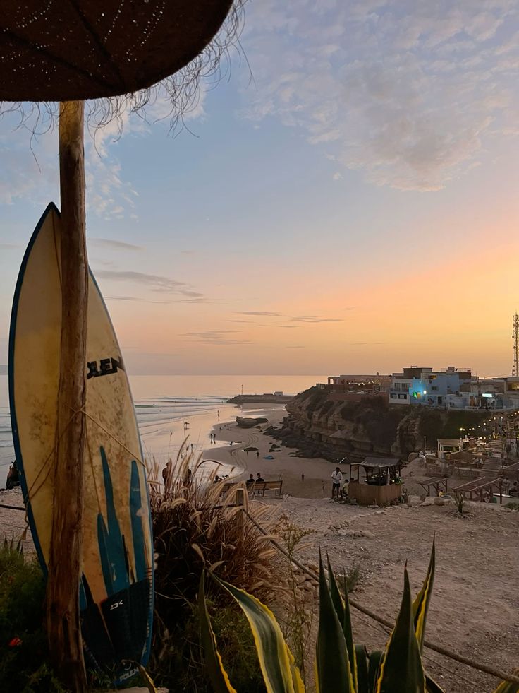Taghazout sunset surfboard village cliff Morocco Atlantic