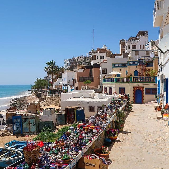 Taghazout village seafront shops ceramics Morocco